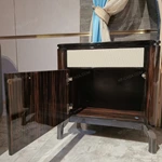 Striped Natural Wood Veneer Nightstand with Woven Leather Accents